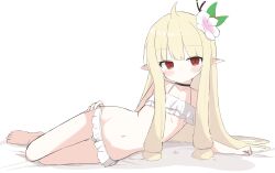 1girl absurdres bikini blonde_hair character_request check_character check_copyright choker copyright_request frilled_bikini frills hand_on_own_hip highres lying navel on_side pointy_ears red_eyes simple_background swimsuit user_yths2234