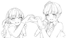 2girls blush cerise_bouquet choker dress frilled_dress frills greyscale grin hair_bun hair_ornament heart heart_hands heart_hands_duo hinoshita_kaho holding holding_microphone lineart link!_like!_love_live! liz_(piyoko_piyop) looking_at_viewer love_live! medium_hair microphone monochrome multiple_girls official_alternate_costume otomune_kozue rabbit_hair_ornament ribbon_choker side_ponytail sidelocks simple_background single-shoulder_dress single_bare_shoulder single_side_bun smile suisai_sekai two_side_up upper_body virtual_youtuber white_background