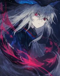 Rule 34 | 1girl, arknights, ascot, black background, black hat, blue hat, chinese commentary, commentary request, energy, grey ascot, grey hair, hair between eyes, hat, highres, light particles, long hair, looking at viewer, parted lips, penniky0119, red eyes, skadi (arknights), solo, two-sided fabric, two-sided headwear, upper body