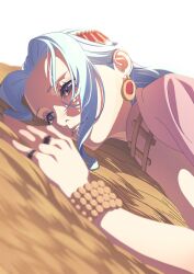 Rule 34 | 1girl, blue hair, bracelet, brown eyes, commentary, commentary request, earrings, english commentary, hair ornament, jewelry, long hair, lying, mixed-language commentary, mouth visible through hair, nefertari vivi, oda eiichirou, official art, on side, one piece, ring, smile, solo