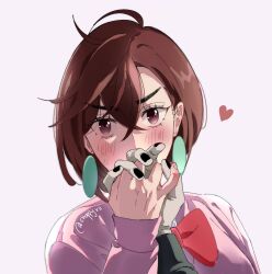 Rule 34 | 1boy, 1girl, ayase momo, black nails, blush, bow, bowtie, brown eyes, brown hair, chappyvii, colored skin, commentary, couple, dandadan, earrings, english commentary, grey skin, hair behind ear, hair between eyes, heart, highres, holding hands, interlocked fingers, jewelry, kami high school uniform, kiss, kissing hand, long sleeves, looking at viewer, pink sweater, pov, pov hands, red bow, red bowtie, school uniform, short hair, simple background, sweatdrop, sweater, takakura ken (dandadan), takakura ken (transformed) (dandadan), twitter username, upper body