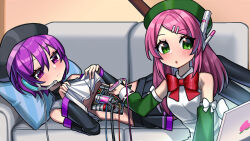 Rule 34 | 2girls, :o, android, beret, black hat, black skirt, black sleeves, blush, breasts, cable, closed mouth, computer, couch, detached sleeves, dress, green eyes, green hat, green sleeves, hair ornament, hairclip, hat, headphones, headset, highres, indoors, kakosa sama, laptop, long hair, looking at another, looking at object, lying, microphone, momone momo, multiple girls, on couch, partially undressed, pink hair, pleated skirt, purple eyes, purple hair, repairing, screwdriver, shirt, skirt, sleeveless, sleeveless dress, small breasts, utane uta, utau, white dress, white shirt