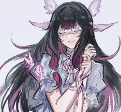 1girl black_hair blouse blunt_bangs columbina_(genshin_impact) eye_mask facing_viewer genshin_impact hair_tubes hands_up head_wings highres juliet_sleeves light_blush long_sleeves multicolored_hair multiple_wings parted_lips pink_hair pink_ribbon puffy_sleeves ribbon sgm618 shirt short_sleeves sidelocks smile solo straight-on streaked_hair twitter_username upper_body white_background white_mask white_mouth white_shirt white_sleeves white_wings wings x-shaped_eyewear
