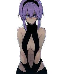 10mo 1girl bare_shoulders black_gloves blue_eyes breasts breasts_apart dark-skinned_female dark_skin fate/prototype fate/prototype:_fragments_of_blue_and_silver fate_(series) female_focus gloves hair_between_eyes hairband hassan_of_serenity_(fate) highres looking_at_viewer navel purple_hair revealing_clothes short_hair_with_long_locks simple_background smile solo white_background