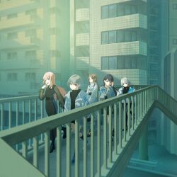 5girls absurdres bang_dream! bang_dream!_it&#039;s_mygo!!!!! black_dress black_hair black_pants black_shirt black_skirt blue_eyes blue_skirt bridge brown_eyes brown_hair building chihaya_anon commentary_request dress earrings fang film_grain grey_hair grey_jacket heterochromia highres jacket jewelry kaname_raana long_hair long_sleeves mole mole_under_eye multiple_girls mygo!!!!!_(bang_dream!) nagasaki_soyo open_mouth outdoors pants pedestrian_bridge pink_hair purple_eyes real_world_location see-through_clothes see-through_sleeves shiina_taki shirt short_hair shuzuku skirt sleeveless sleeveless_shirt sweater takamatsu_tomori teeth upper_teeth_only white_hair white_jacket white_sweater yellow_eyes
