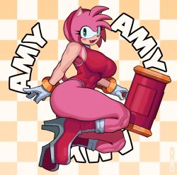 1girl absurdres amy_rose animal_ears bare_shoulders blush boots bracelet breasts bunybunyboi character_name curvy fang furry furry_female gloves green_eyes hairband hammer hedgehog highres huge_weapon jewelry large_breasts leotard short_tail sleeveless smile solo sonic_(series) tail thick_thighs thighs weapon white_gloves