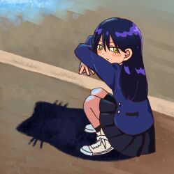 1girl artist_request bad_link black_hair blush gundam gundam_gquuuuuux looking_at_viewer nyaan_(gundam_gquuuuuux) photo-referenced road school_uniform shadow shadow_puppet skirt solo source_request tagme