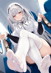 1girl absurdres azur_lane beret black_shoes braid chair closed_mouth crossed_legs earrings feet foot_focus grey_hair hat highres holding holding_shoes holding_unworn_clothes indoors jewelry long_hair looking_at_viewer ochinsama on_chair red_eyes scylla_(azur_lane) shirt shoes sitting smile solo thighhighs toes unworn_shoes very_long_hair white_hat white_shirt white_thighhighs