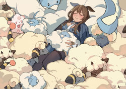 1girl absurdres admire_vega_(umamusume) bad_id bad_pixiv_id closed_eyes commentary fuyukayui game_freak gen_2_pokemon highres holding horse_girl mareep nintendo pokemon pokemon_(creature) sleeping tagme tongue tongue_out umamusume