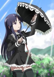 1girl assault_lily black_hair black_thighhighs holding holding_umbrella knives_(knives777) long_hair purple_hair school_uniform shirai_yuyu sunlight sweat thighhighs umbrella yurigaoka_girls_academy_school_uniform