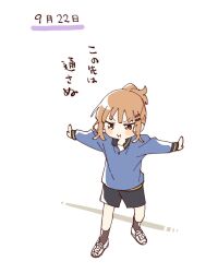 1girl :i black_shorts blue_shirt blunt_bangs blush_stickers brown_eyes brown_hair brown_socks closed_mouth commentary_request full_body hair_ornament hairclip highres long_sleeves namori oomuro_sakurako outstretched_arms shirt shoes short_hair shorts simple_background socks solo spread_arms standing translation_request v-shaped_eyebrows white_background white_shoes yuruyuri
