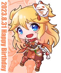 Rule 34 | 1girl, :d, absurdres, bare shoulders, bell, blonde hair, blue eyes, breasts, brown gloves, brown pants, chibi, commentary request, dated, elbow gloves, fingerless gloves, fishnets, fox mask, full body, gloves, hair between eyes, happy birthday, highres, hip vent, jingle bell, looking at viewer, mask, mask on head, medium breasts, ninon (oedo) (princess connect!), ninon (princess connect!), obi, open mouth, pants, princess connect!, puffy pants, red scarf, saishosaisekojo, sash, scarf, smile, solo, standing, thick eyebrows, two side up, white background, zoom layer