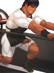 1boy bara black_hair censored cum erection foreskin headband male_focus muscular original penis red_eyes solo_focus sweat teeth yuatari
