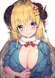 1girl blonde_hair blue_shirt blush breasts brooch cleavage closed_mouth commentary curled_horns female_focus hair_ornament hololive horns jewelry kuso_miso_technique large_breasts long_hair looking_at_viewer parody purple_eyes redcomet revision sheep_girl sheep_horns shirt simple_background sleeves_rolled_up smile solo tsunomaki_watame upper_body virtual_youtuber white_background wool yaranaika
