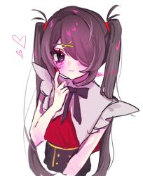 1girl :3 ame-chan_(needy_girl_overdose) black_eyes black_hair black_ribbon black_skirt closed_mouth hair_ornament hair_over_one_eye hashtag-only_commentary heart heart-shaped_pupils highres long_hair looking_at_viewer nail_polish neck_ribbon needy_girl_overdose osakana_tarou_(sakana0_03) red_nails red_shirt ribbon self-harm_scar shirt simple_background skirt solo symbol-shaped_pupils twintails very_long_hair white_background x_hair_ornament