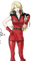 1girl blonde_hair blue_eyes breasts char_aznable genderswap genderswap_(mtf) gloves gundam hands_on_own_hips highres large_breasts lips long_hair mobile_suit_gundam pronakser red_gloves simple_background skirt sunglasses turtleneck vest white_background