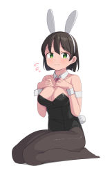 1girl animal_ears bare_shoulders black_hair black_leotard black_pantyhose bob_cut breasts collarbone detached_collar fake_animal_ears full_body green_eyes hairband hand_on_own_chest highres leotard looking_at_viewer medium_breasts no_shoes original pantyhose playboy_bunny rabbit_ears rabbit_tail saiste seiza short_hair simple_background sitting solo tail tearing_up wavy_mouth white_background white_hairband wrist_cuffs