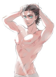 Rule 34 | 1boy, brown hair, chinese commentary, commentary request, eren yeager, green eyes, hands in hair, light rays, male focus, nipples, pectorals, shiba44469, shingeki no kyojin, solo, toned, toned male, topless male