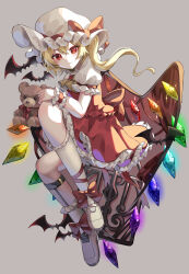 1girl absurdres ascot bat_(animal) blonde_hair crystal crystal_wings flandre_scarlet full_body grey_background hair_between_eyes hat hat_ribbon highres kosumorean007 looking_at_viewer mary_janes mob_cap puffy_short_sleeves puffy_sleeves red_eyes red_vest ribbon shoes short_hair short_sleeves side_ponytail simple_background skirt smile socks solo stuffed_animal stuffed_toy teddy_bear touhou vest wings yellow_ascot