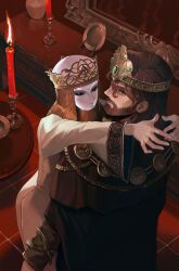 1boy 1girl absurdres arms_around_neck beard blue_eyes candle commentary covered_face crown dress elden_ring english_commentary expressionless facial_hair from_above gem green_gemstone hetero highres husband_and_wife indoors lady_tanith_(elden_ring) long_dress looking_at_viewer looking_up mask medium_hair plate praetor_rykard sadoseja854000 white_dress white_mask yellow_eyes