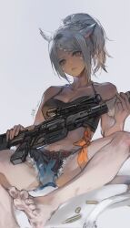 1girl animal_ears bare_arms bare_shoulders barefoot belt black_shirt blue_shorts braid brown_eyes bullet cacanep cat_ears cat_girl cat_tail collarbone crop_top dated denim denim_shorts facial_mark feet final_fantasy final_fantasy_xiv foot_out_of_frame from_below frown grey_background grey_hair gun highres holding holding_gun holding_weapon leaning_back looking_at_viewer midriff miqo&#039;te navel ponytail rifle scraped_knee shell_casing shirt short_hair shorts signature simple_background sitting sleeveless sleeveless_shirt solo spaghetti_strap swept_bangs tail thigh_strap warrior_of_light_(ff14) weapon wiping