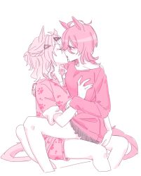 2girls absurdres agnes_tachyon_(umamusume) ahoge animal_ears braid closed_eyes cropped_legs french_kiss hair_between_eyes hair_ornament hairclip highres horse_ears horse_girl horse_tail jungle_pocket_(umamusume) kiss long_sleeves monochrome multiple_girls pink_theme seila_rei shirt shorts simple_background tail tongue umamusume white_background yuri