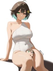 1girl arm_support artist_name bare_shoulders breasts brown_eyes brown_hair closed_mouth collarbone covered_navel doll dot_nose eyebrows eyelashes feet_out_of_frame female_focus gradient_hair green_eyes green_hair heterochromia indie_virtual_youtuber large_breasts leaning_back legs_together leotard looking_at_viewer meica_(vtuber) multicolored_hair short_hair simple_background single_strap sitting smile solo star-shaped_pupils star_(symbol) symbol-shaped_pupils thick_thighs thighs two-tone_hair variant_set virtual_youtuber white_background wide_hips zetyi
