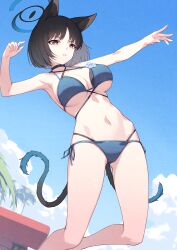 1girl absurdres animal_ear_fluff animal_ears bare_arms bare_legs bare_shoulders bikini black_choker black_eyes black_hair blue_archive blue_bikini blue_halo cat_ears cat_girl cat_tail choker gradient_tail halo highres jumping kikyou_(blue_archive) kikyou_(swimsuit)_(blue_archive) multiple_tails navel nokku_(ren_nokku) official_alternate_costume parted_bangs short_hair solo stomach swimsuit tail two_tails