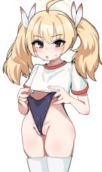 1girl absurdres ahoge alternate_costume black_eyes blonde_hair blue_archive blue_buruma blush breasts buruma buruma_lift cowboy_shot cropped_shirt frontal_wedgie gym_uniform halo highres loli long_hair looking_at_viewer open_mouth partially_visible_vulva poyo154297 self_wedgie shirt short_sleeves simple_background small_breasts small_sweatdrop solo thighhighs twintails wedgie white_background white_shirt white_thighhighs yellow_halo yoshimi_(blue_archive)