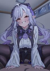 Rule 34 | 1boy, 1girl, absurdres, ahoge, ascot, black pantyhose, blush, bow, bowtie, breasts, ceiling, ceiling light, censored, center frills, clothed female nude male, commentary, cowgirl position, drill hair, erection, fangs, frilled hairband, frills, gem, girl on top, grin, hairband, hands on another&#039;s chest, hetero, highres, indoors, long hair, looking at viewer, lying, medium breasts, mekato, mole, mole under eye, mosaic censoring, nude, on back, paid reward available, pantyhose, parted bangs, pointy ears, pov, purple ascot, purple bow, purple bowtie, purple gemstone, purple hair, purple ribbon, red eyes, ribbon, sex, slit pupils, smile, spread legs, squatting, straddling, teeth, torn clothes, torn pantyhose, vaginal, vivian banshee, window, zenless zone zero