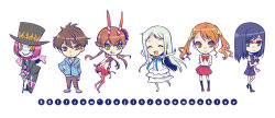 2boys 3girls anjou_naruko ano_hi_mita_hana_no_namae_wo_bokutachi_wa_mada_shiranai. arms_behind_back belt black_hair black_hat black_skirt black_socks black_vest blue_hoodie brown_belt brown_eyes brown_hair c_(control) can chibi chibi_only dress green_eyes grin hat holding honma_meiko hood hoodie horns ito_noizi licking_lips looking_at_viewer masakaki mashu_(control) midriff multiple_boys multiple_girls open_mouth orange_eyes outstretched_arms pink_hair pink_socks pointy_ears red-framed_eyewear red_horns red_shirt red_skirt ringed_eyes shirt skirt smile socks spread_arms tongue tongue_out top_hat tsurumi_chiriko twintails vest white_dress white_hair yoga_kimimaro