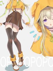 1girl black_thighhighs blonde_hair blush boots botan_(oacdrykafjf3g3d) breasts brown_skirt clothing_cutout commentary_request cropped_hoodie full_body grey_background highres hood hood_up hoodie ieiri_popo ieiri_popo_(2nd_costume) long_hair looking_at_viewer medium_breasts midriff multiple_views nanashi_inc. navel nice_knee_socks_day notice_lines one_eye_closed open_mouth purple_eyes shoulder_cutout sidelocks skirt suspender_skirt suspenders thighhighs virtual_youtuber white_footwear yellow_hoodie