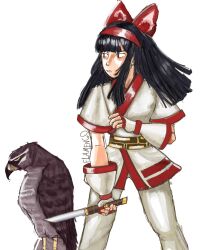 1girl ainu_clothes artist_name black_hair breasts brown_eyes fighting_stance fingerless_gloves gloves hair_ribbon highres legs long_hair mamahah nakoruru pants ribbon samurai_spirits serious small_breasts snk the_king_of_fighters the_king_of_fighters_xiv thighs weapon