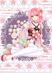 1girl bare_shoulders breasts bug butterfly butterfly_on_hand cleavage closed_mouth detached_sleeves egasumi flower hair_flower hair_ornament hiyo_(monstarpinkcat) insect japanese_clothes kimono long_hair looking_at_viewer patterned_background pink_flower pink_hair rune_factory rune_factory:_guardians_of_azuma sandals see-through_cleavage see-through_clothes short_kimono sitting smile solo thighhighs toeless_legwear ulalaka very_long_hair white_thighhighs yokozuwari