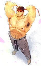1boy abs absurdres armpit_hair armpits arms_up bara barefoot beard belt black_belt brown_eyes brown_hair cherry_blossoms chest_hair facial_hair falling_petals full_body headband highres looking_at_viewer male_focus mature_male muscular muscular_male nipples pants pectorals petals red_headband ryu_(street_fighter) simple_background solo street_fighter thick_eyebrows topless_male torn_clothes torn_pants toshun_(momotoshi) veins veiny_arms white_background white_pants