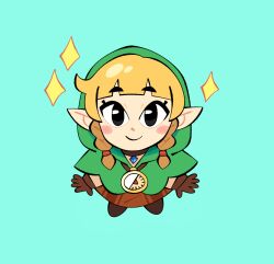 billspooks blue_background blush_stickers braid capelet compass from_above gloves green_capelet highres hyrule_warriors jewelry leather leather_gloves linkle looking_at_viewer necklace nintendo pointy_ears simple_background sparkle the_legend_of_zelda the_legend_of_zelda:_the_wind_waker toon_(style) twin_braids
