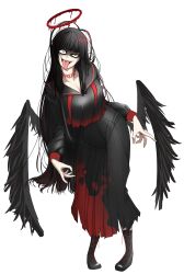 1girl absurdres black_boots black_sailor_collar black_serafuku black_skirt black_wings blood blood_halo blood_on_clothes blue_archive boots breasts cleavage full_body halo highres large_breasts liquid_halo llikop looking_at_viewer low_wings open_mouth pale_skin red_eyes sailor_collar school_uniform serafuku simple_background skirt solo standing tongue tongue_out tsurugi_(blue_archive) white_background wings