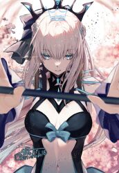 1girl black_bow blue_eyes bow braid fate/grand_order fate_(series) hair_between_eyes hair_bow half_up_braid highres long_hair looking_at_viewer morgan_le_fay_(fate) morgan_le_fay_(third_ascension)_(fate) polearm ponytail solo spear spikes tiara togashi_(choco-bakama_kitchen) very_long_hair weapon white_hair
