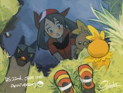 1girl black_eyes blue_eyes bright_pupils brown_hair colored_sclera female_pov gen_3_pokemon grass hat highres jacket kecleon looking_down may_(pokemon) nintendo oisktbt pokemon pokemon_(creature) pokemon_rse poochyena pov red_eyes red_hat red_jacket sidelocks signature standing torchic water white_pupils yellow_sclera