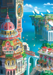 6+boys 6+girls aircraft architecture artist_name balcony bird blue_sky boat bridge building city cityscape cloud day dock fantasy flag flying horizon house multiple_boys multiple_girls ocean original outdoors railing scenery ship signature sky stairs statue tower town umbrella water watercraft waterfall windmill window yukoiwase