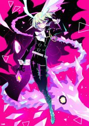 1boy :| androgynous ankle_belt arm_at_side arm_up ascot belt black_background black_belt black_gloves black_unitard chest_belt closed_mouth cowlick creature crossed_legs dot_nose film_grain fire floating full_body gloves gradient_background green_hair half_gloves high_collar highres kangyui light_particles lio_fotia long_sleeves looking_at_viewer male_focus multicolored_background multiple_belts mystical_high_collar object_floating_above_hand pink_background pink_eyes pink_fire pleated_sleeves projected_inset promare pyrokinesis saturated serious short_hair signature splatter splatter_background spread_fingers studded_belt thigh_belt thigh_strap thyma_(promare) triangle triangle_background v v_over_eye watson_cross white_ascot white_belt wind