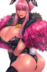 1girl alternate_costume ass black_bow black_bowtie blue_eyes bow bowtie breasts capcom cleavage closed_mouth female_focus fur_trim highres large_breasts lips long_hair looking_at_viewer manon_legrand pink_hair rabbit_ears rabbit_tail red_lips simple_background smile solo street_fighter street_fighter_6 thick_thighs thighs white_background zmnjo1440
