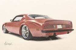 Rule 34 | artist name, car, from behind, highres, matsubara ginji, motor vehicle, muscle car, no humans, original, pontiac, pontiac firebird, red car, shadow, traditional media, vehicle focus, watercolor pencil (medium)