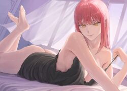 1girl ano_(gccx8784) ass bad_anatomy barefoot black_nightgown breasts chainsaw_man cleavage clothes_lift collarbone commentary_request dress dress_lift hair_down long_hair looking_at_viewer lying makima_(chainsaw_man) medium_breasts nightgown on_stomach red_hair reversed_foot solo the_pose window yellow_eyes