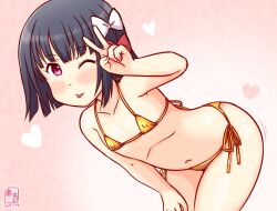 Rule 34 | 1girl, bikini, black hair, bow, commentary request, covered erect nipples, dated, flat chest, gold bikini, gradient background, hand on own thigh, heart, ishigaki (kancolle), kanon (kurogane knights), kantai collection, leaning forward, one-hour drawing challenge, one eye closed, pink background, purple eyes, red bow, short hair, solo, swimsuit, tongue, tongue out, twitter username, v, white bow