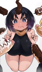 1girl black_hair black_leotard black_nails blue_eyes blush breasts brown_horns chocolate chocolate_on_body chocolate_on_penis clenched_hands commentary disembodied_penis dragon_girl dragon_horns elma_(maidragon) english_commentary fingernails food food_on_body food_on_penis full-face_blush highres horns huge_breasts ice_cream kneeling kobayashi-san_chi_no_maidragon leotard mole mole_under_mouth multicolored_hair mustard nail_polish penis purple_hair scarf short_hair sideboob single_horn snickers_(brand) solo_focus surrounded surrounded_by_penises sweat two-tone_hair uncensored white_background zanamaoria