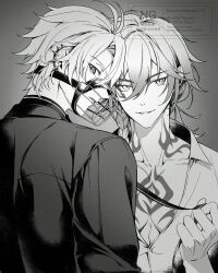 Rule 34 | 2boys, antenna hair, black shirt, blue eyes, braid, collared shirt, commentary request, earclip, gradient hair, greyscale, highres, honkai: star rail, honkai (series), large pectorals, male focus, medium hair, monochrome, multicolored hair, multiple boys, muzzle (mask), mydei (honkai: star rail), official alternate costume, parted bangs, pectoral cleavage, pectorals, phainon (fashion) (honkai: star rail), phainon (honkai: star rail), ponytail, shirt, short hair, side braid, sunnysideup0115, watermark, white hair, white shirt, yaoi