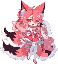 1girl :3 animal_ears antenna_hair arm_at_side art_trade black_tail borrowed_character breasts chibi double-parted_bangs flower fox_ears fox_girl fox_tail full_body gradient_hair hair_between_eyes hair_flower hair_ornament hand_up highres japanese_clothes junky_co kanzashi kitsune long_hair miko multicolored_hair multicolored_tail multiple_tails open_hand open_mouth original parted_hair paw_pose pink_eyes pink_flower pink_hair pink_sandals pink_skirt pink_tail ribbon-trimmed_sleeves ribbon_trim sandals side_part skirt small_breasts solo standing standing_on_one_leg tachi-e tail thighhighs tsumami_kanzashi wavy_hair white_tail white_thighhighs