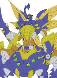1boy ancientbeatmon arm_blade armor blitzmon blue_armor blue_helmet bolgmon bug centauroid confeito000_333 digimon digimon_(creature) digimon_frontier fusion green_eyes helmet highres insect_wings male_focus simple_background solo taur weapon white_background wings