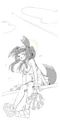 1girl absurdres animal_ears blue_archive breasts cheerleader closed_eyes dog_ears dog_tail full_body grin halo hibiki_(blue_archive) hibiki_(cheer_squad)_(blue_archive) highres medium_breasts patanda pom_pom_(cheerleading) simple_background sitting skirt smile solo sports_bra tail white_background